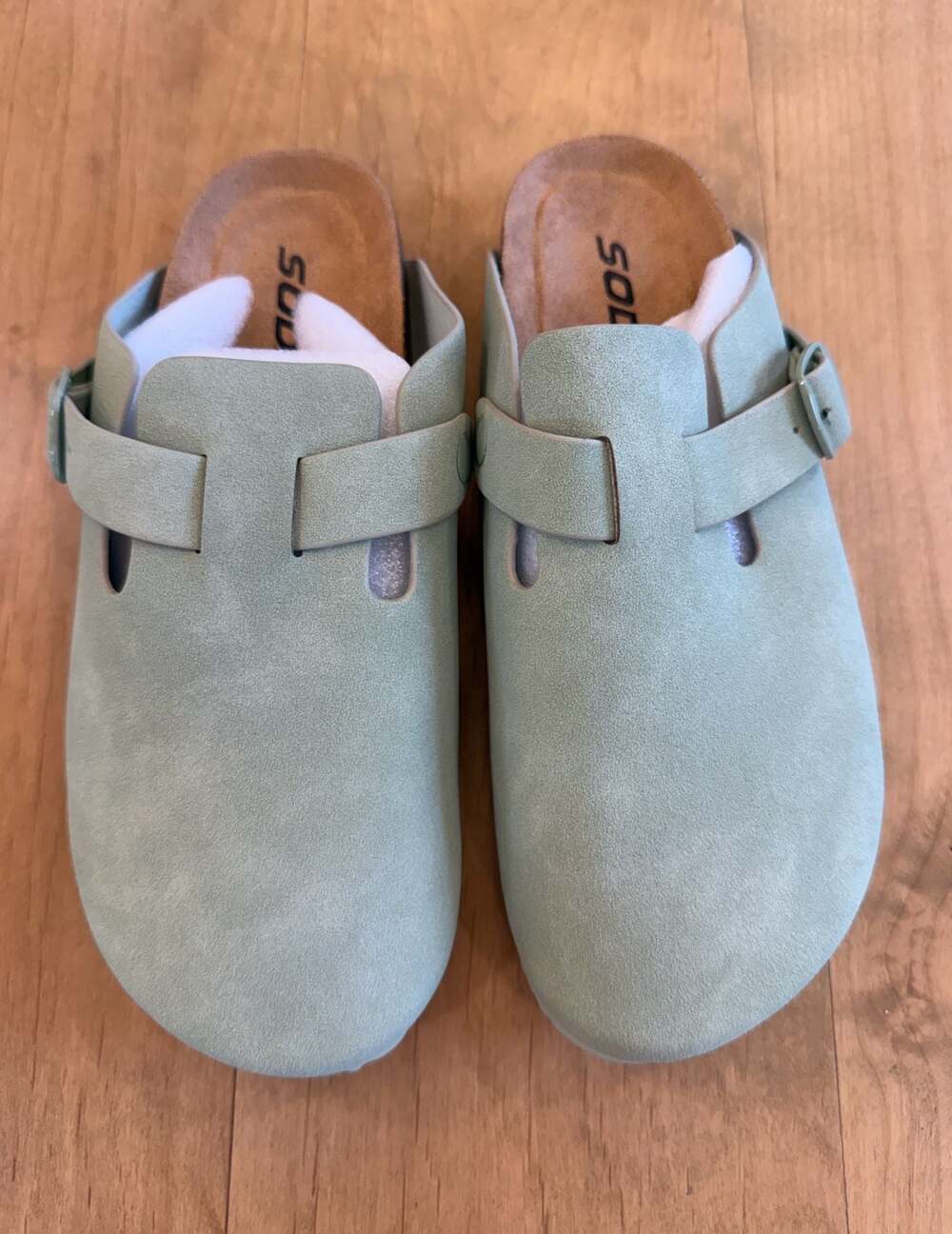 Soda Sage Green Suede Buckle Clog Slippers Size 7
